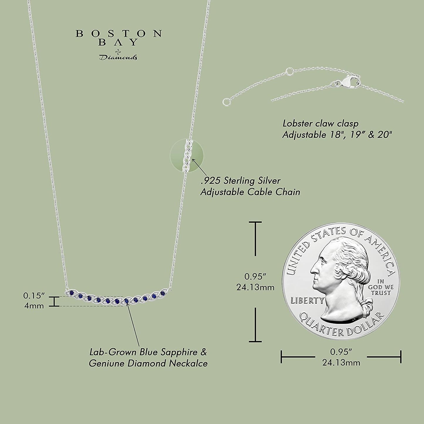 Sterling Silver Lab-Grown Blue Sapphire & 1/10cttw Diamond Necklace, 20" cable chain