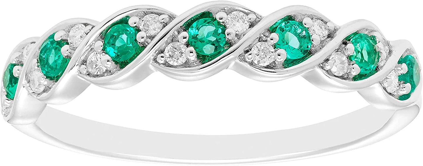 Sterling Silver Lab-Grown Emerald & 1/10cttw Genuine Diamond Stacking Ring