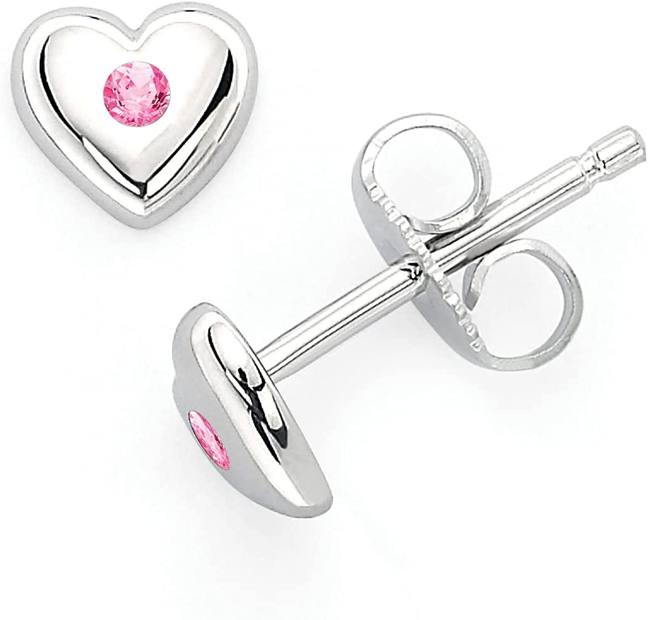 Simulated Pink Tourmaline Sterling Silver Birthstone Heart Stud Earrings