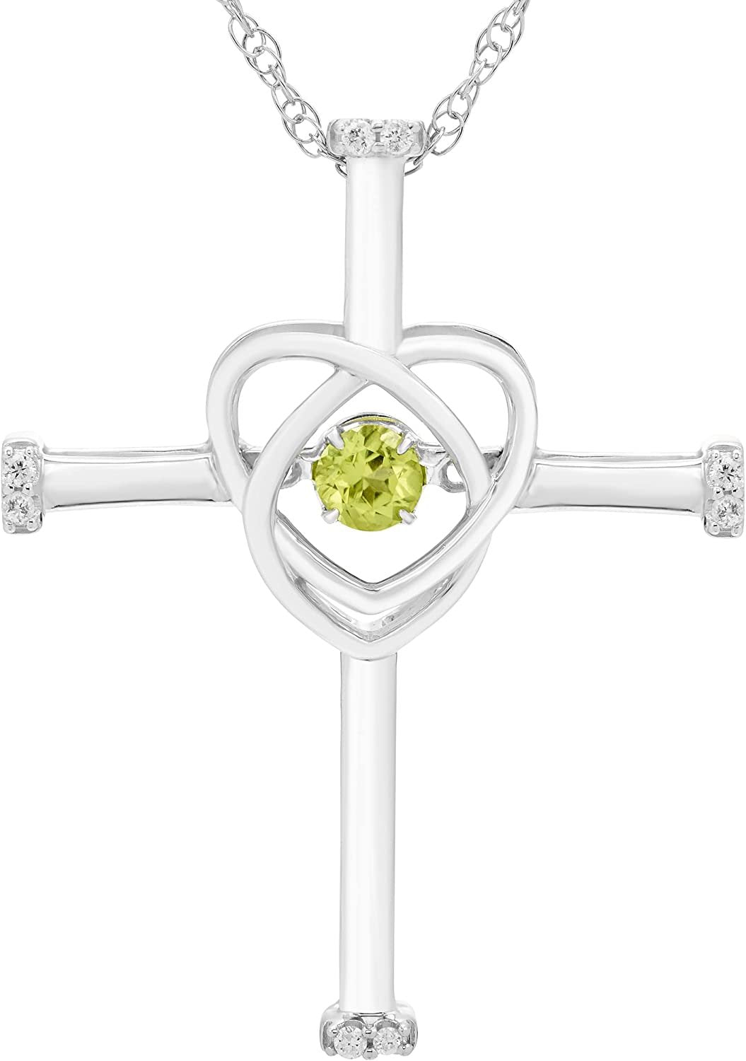Genuine Peridot Dancing Gemstone & Genuine Diamond Cross Pendant in Sterling Silver