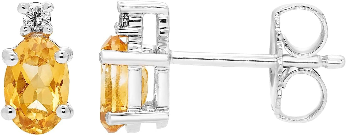 Citrine Oval Cut & Diamond Accented Stud Earrings in .925 Sterling Silver