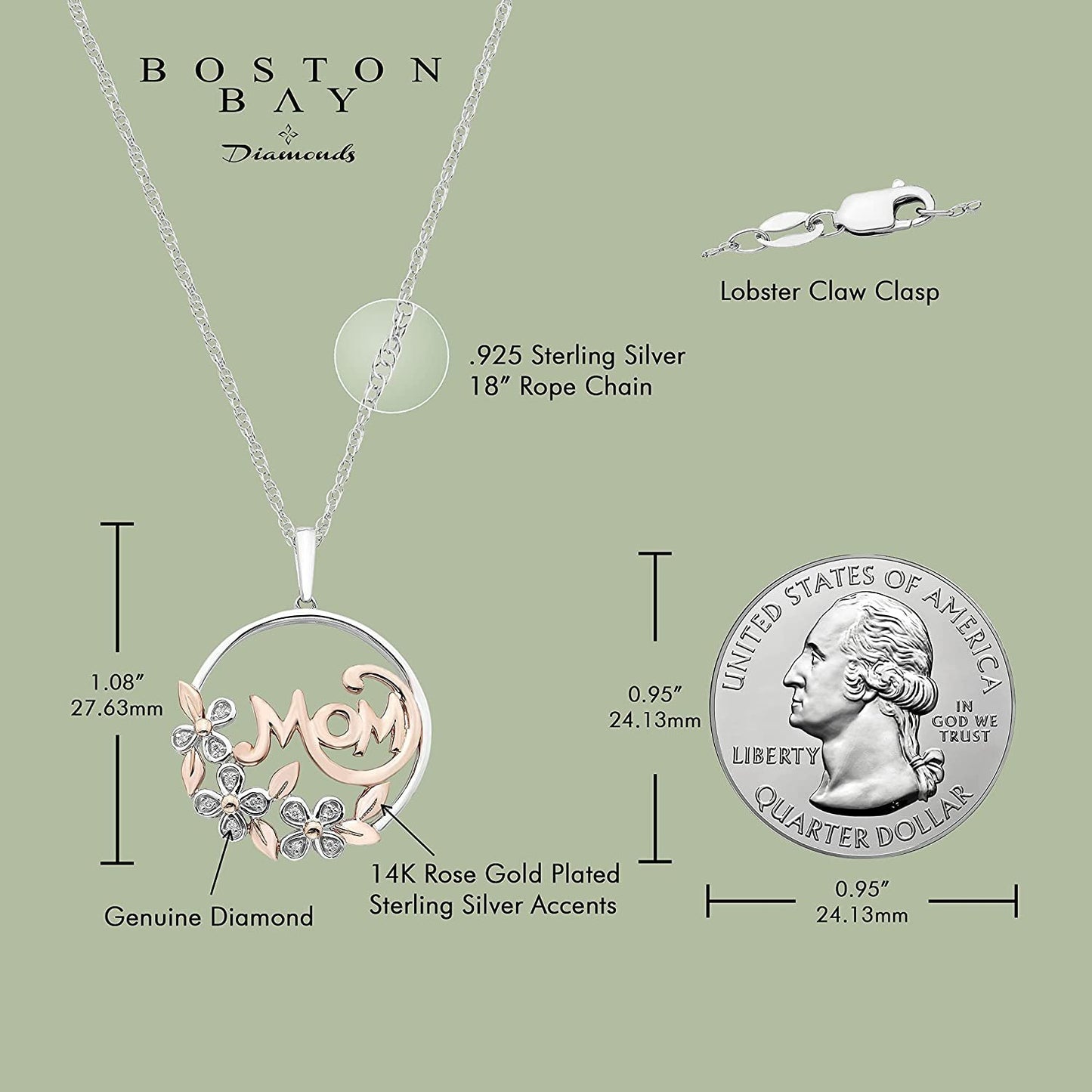 Diamond MOM Floral Pendant in 14K Rose Gold Sterling Silver