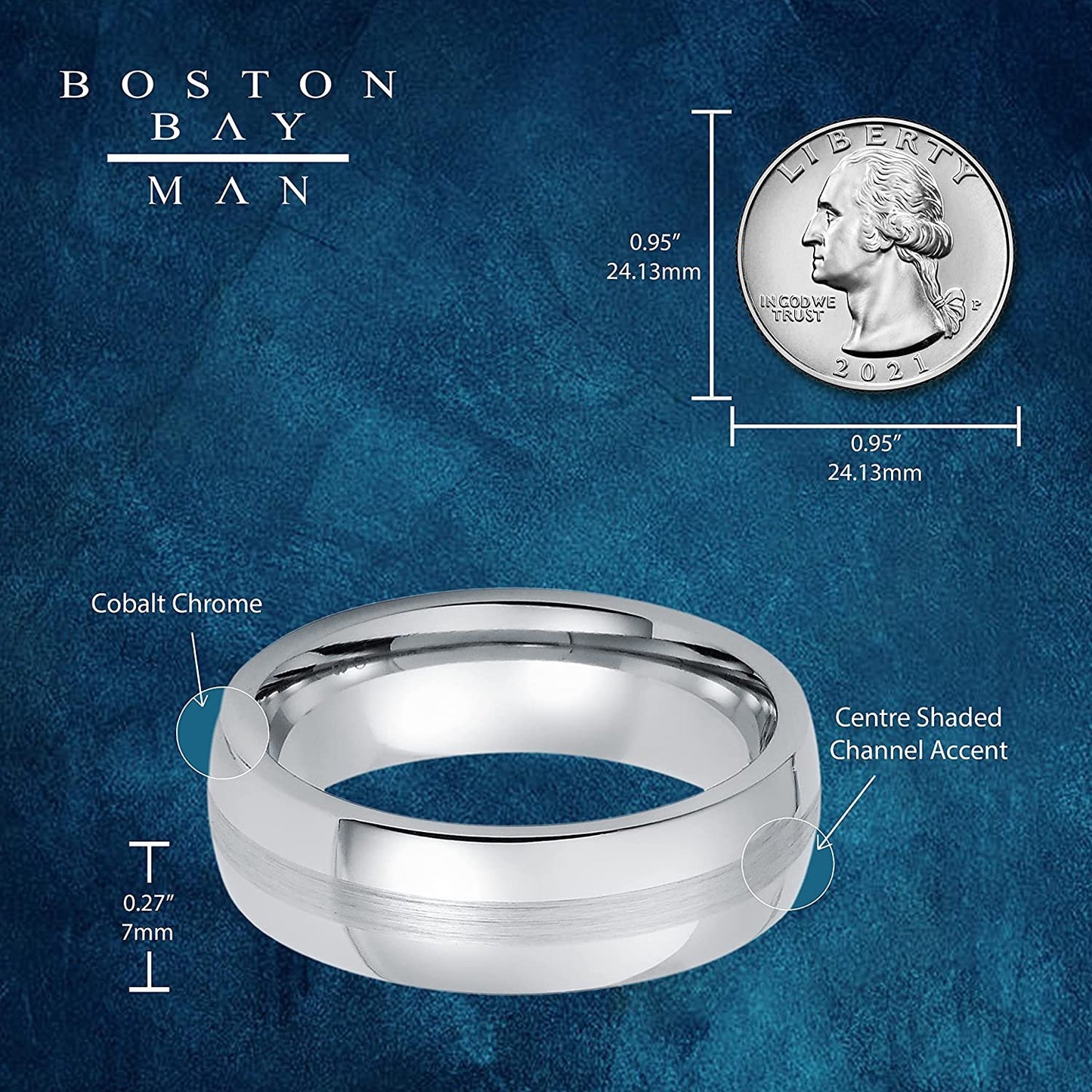Cobalt Chrome 7mm Brushed Matte Center Channel Accent Comfort Fit Fashion or Wedding Band Ring