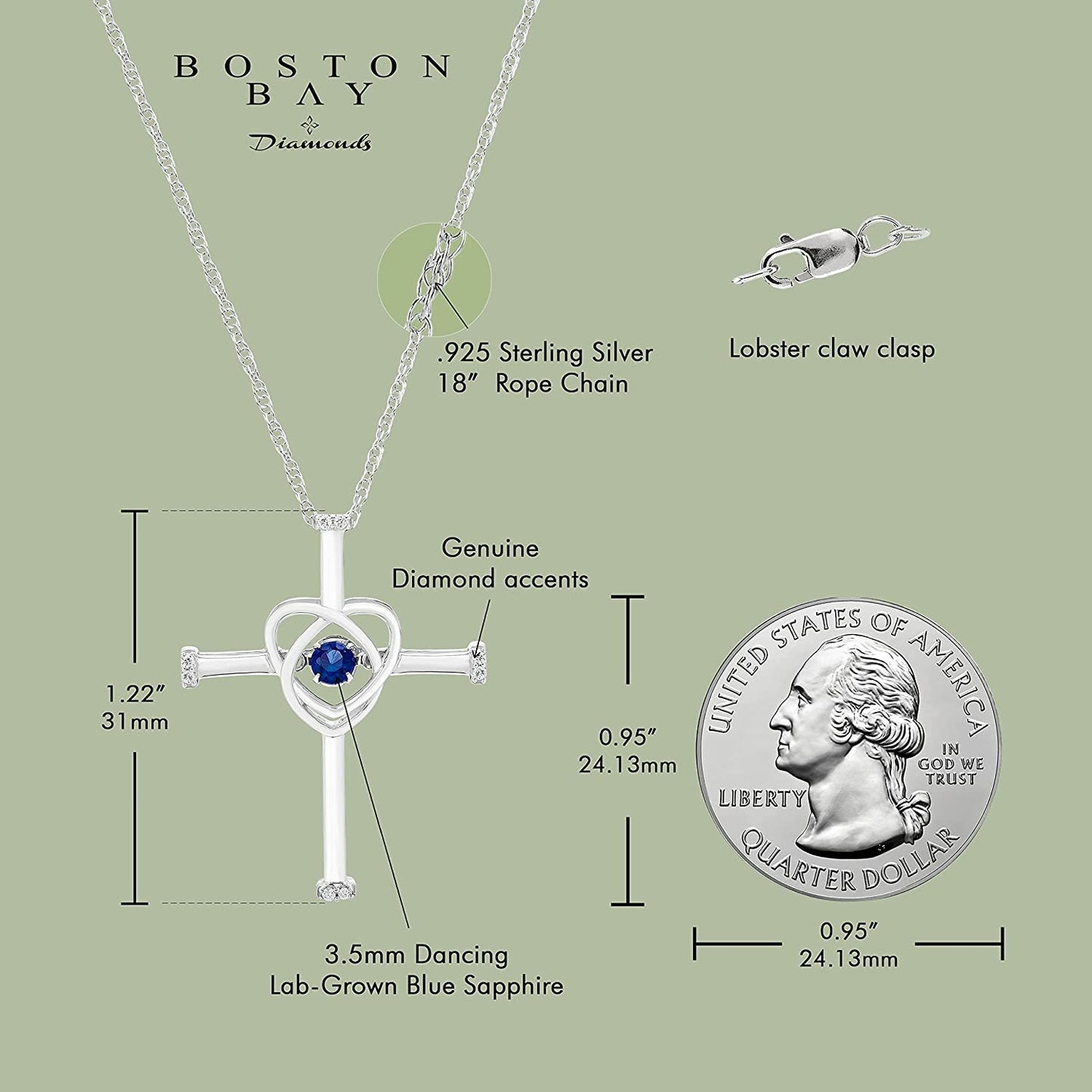 Lab-Grown Blue Sapphire Dancing Gemstone & Genuine Diamond Cross Pendant in Sterling Silver