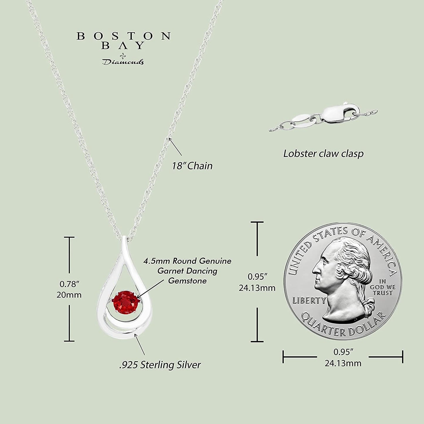 Genuine 4.5mm Garnet Dancing Gemstone Teardrop Pendant in Sterling Silver