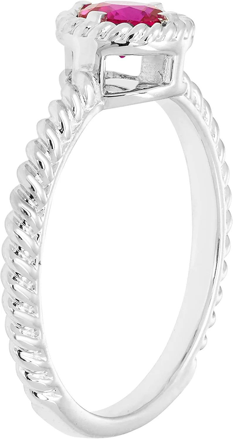Lab-Grown Ruby Gemstone Rope Halo Solitaire Stacking Ring in Sterling Silver