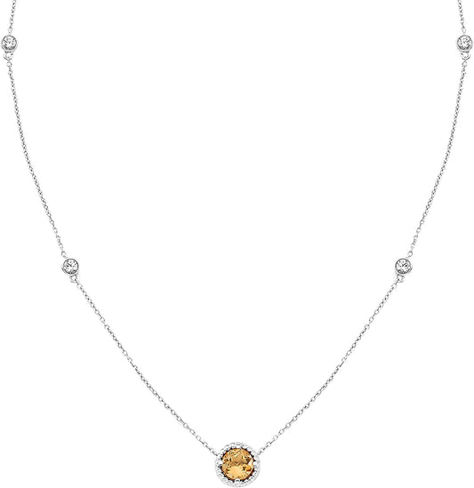 Sterling Silver Genuine Citrine & Lab-Grown White Sapphire Necklace, 20" cable chain