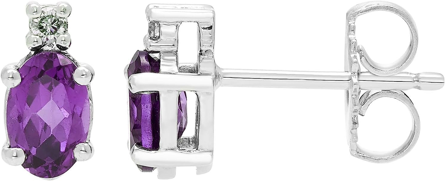 Amethyst Oval Cut & Diamond Accented Stud Earrings in .925 Sterling Silver