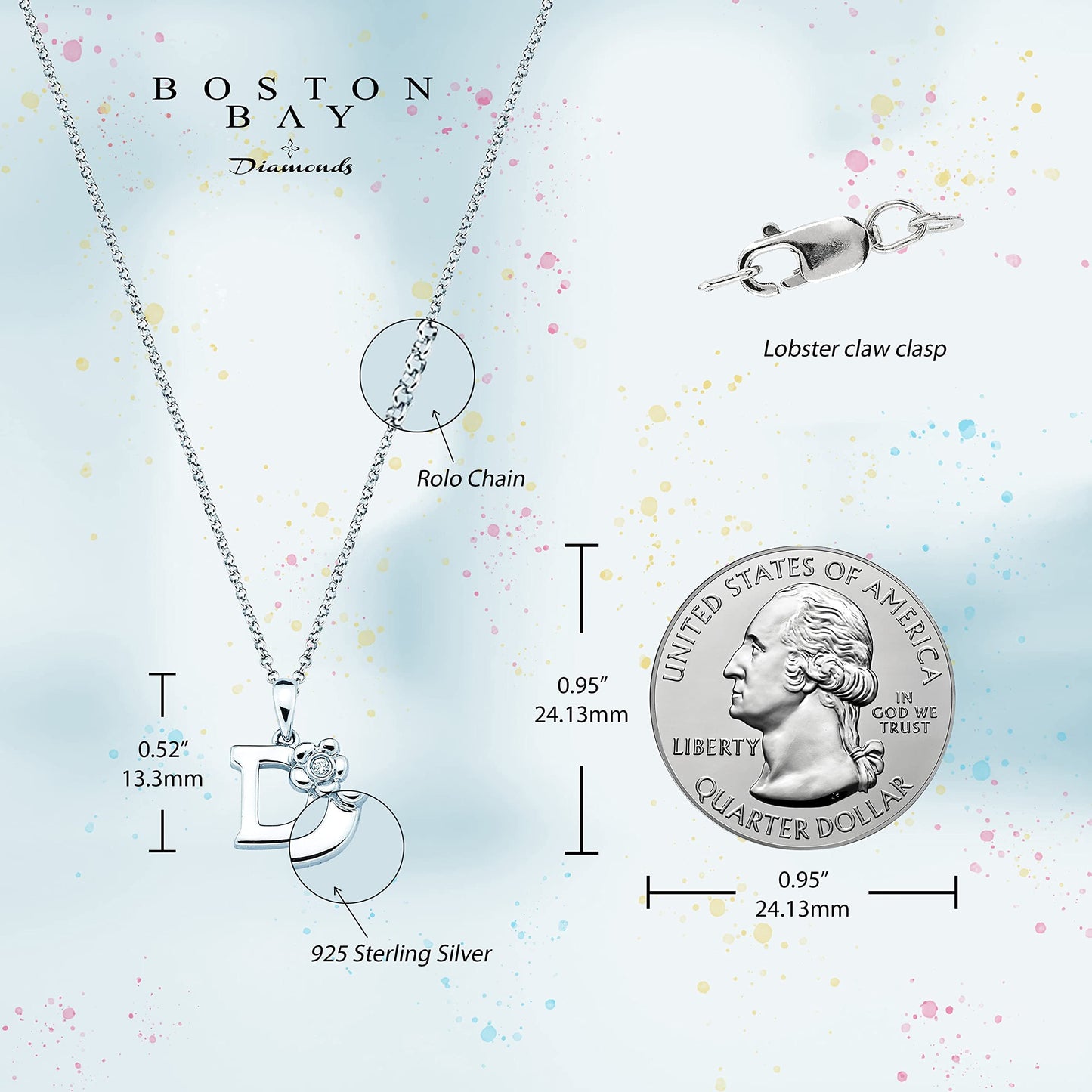 Sterling Silver Diamond Accent Floral Initial Pendant with 14" Rolo Chain & 2" Ext, Choice of Letter