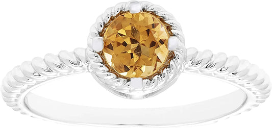 11 November - Solitaire Genuine Citrine Gemstone Rope Halo Solitaire Stacking Ring in Sterling Silver