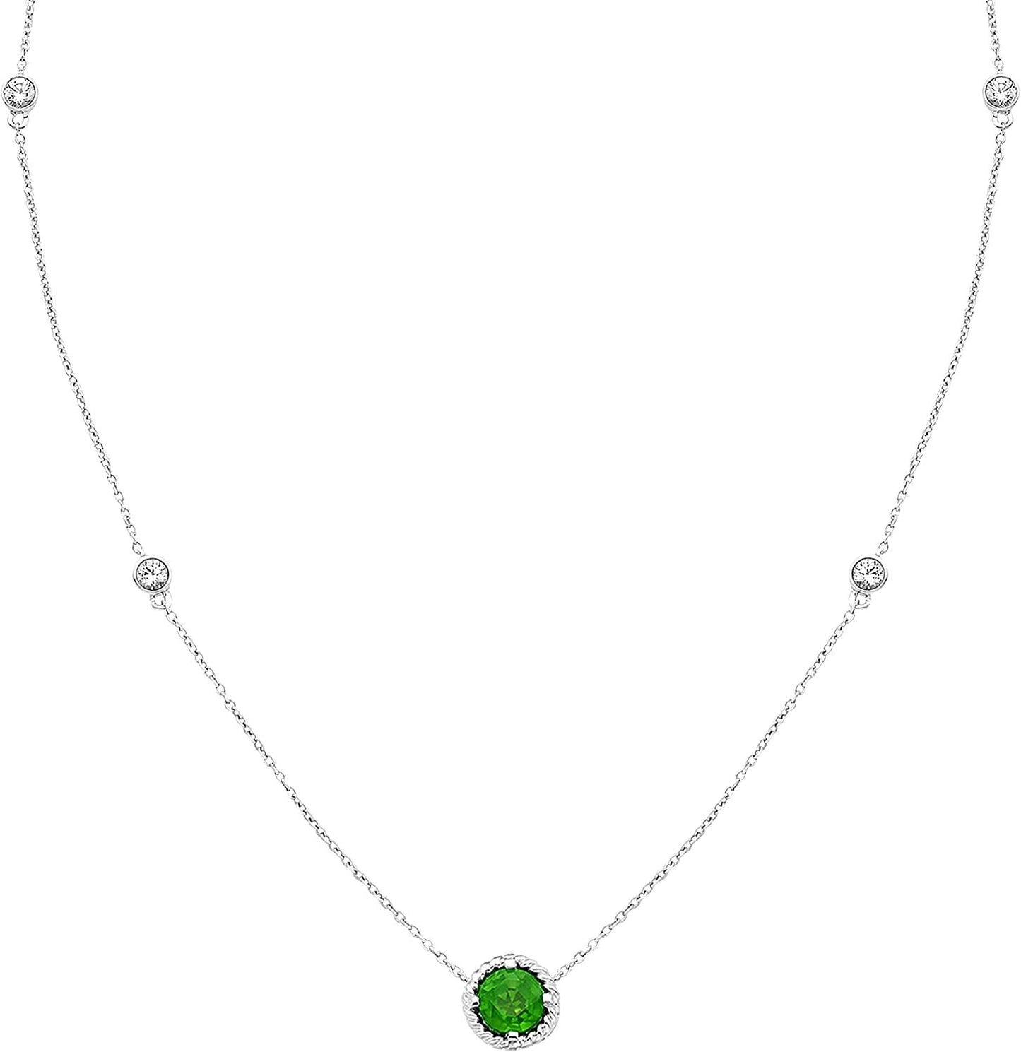 Sterling Silver Lab-Grown Emerald & White Sapphire Necklace, 20" cable chain