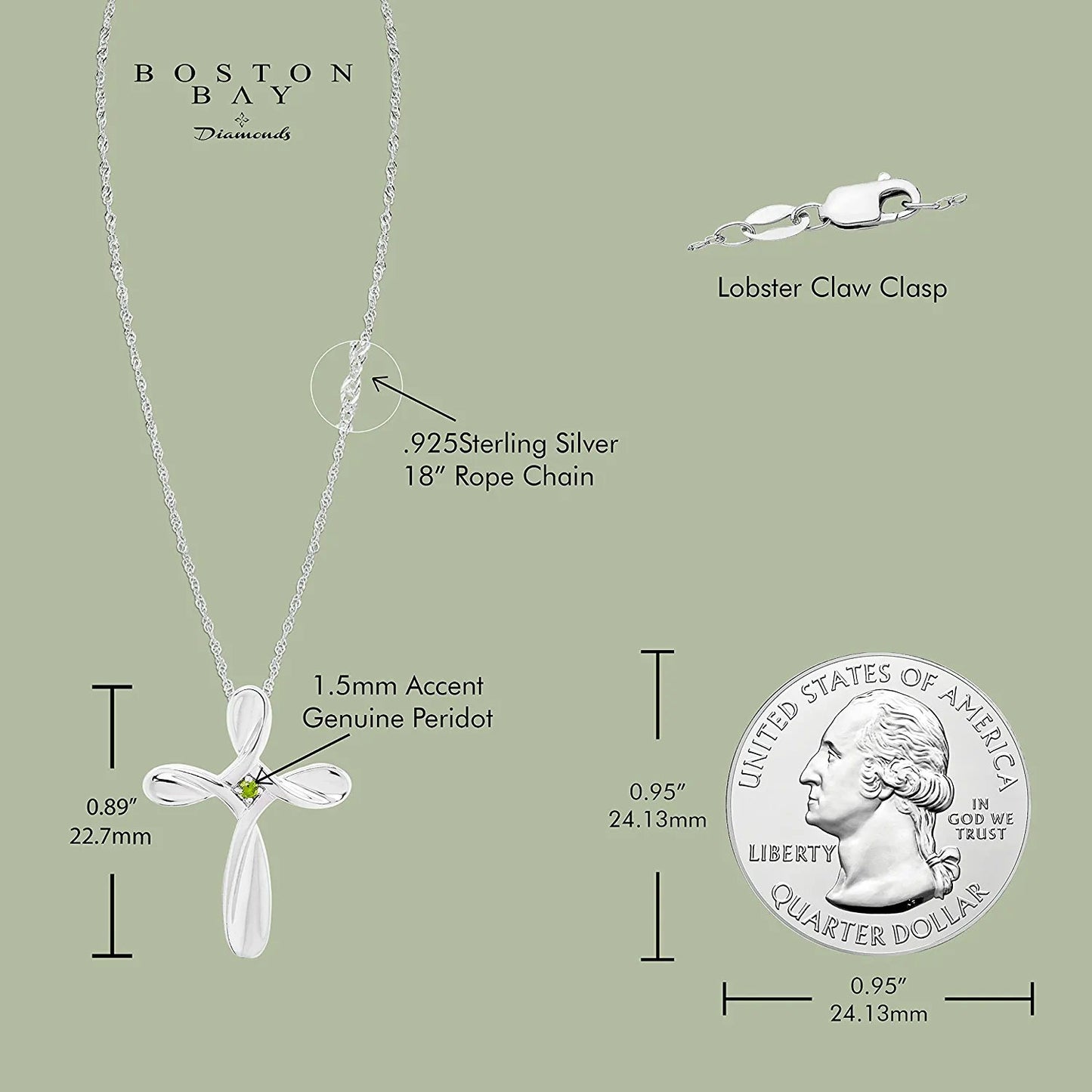 Sterling Silver Peridot Cross Pendant with chain
