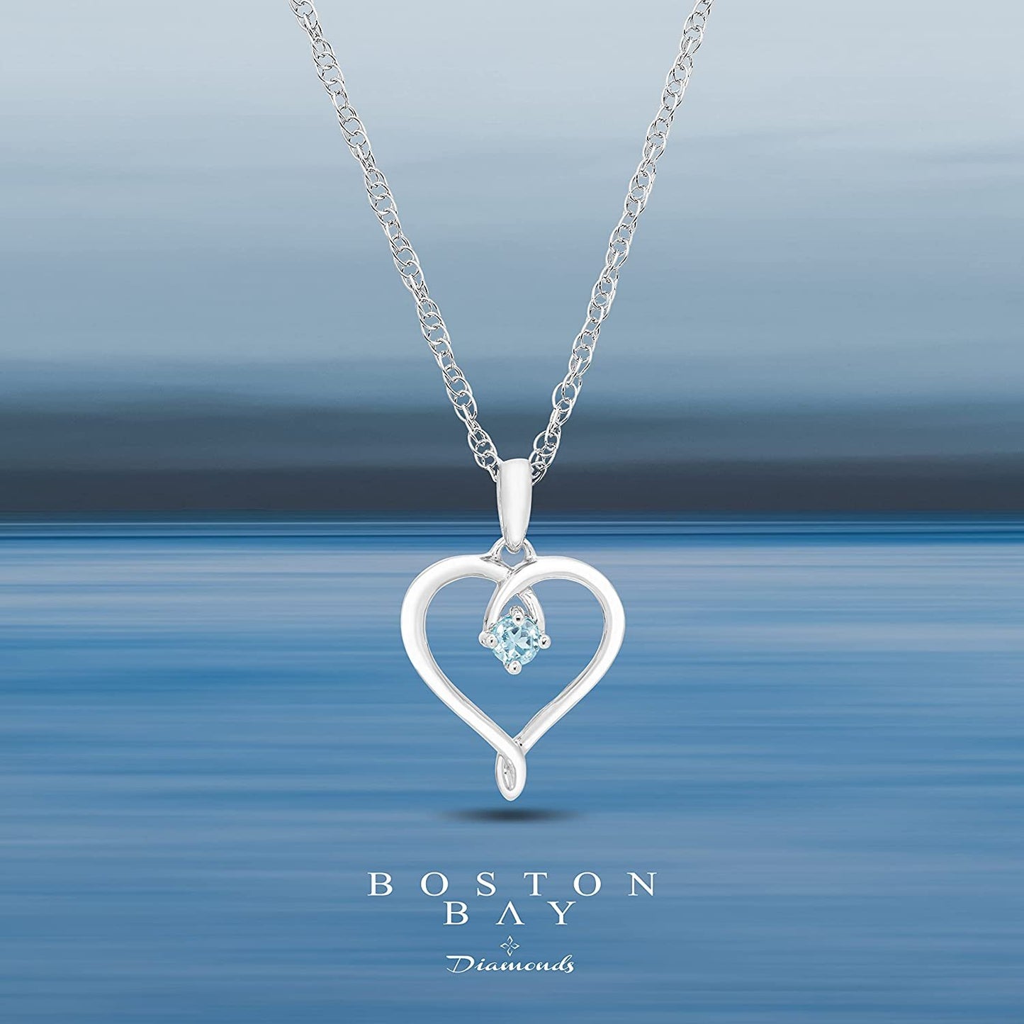 Sterling Silver Genuine Aquamarine Heart Pendant with Chain
