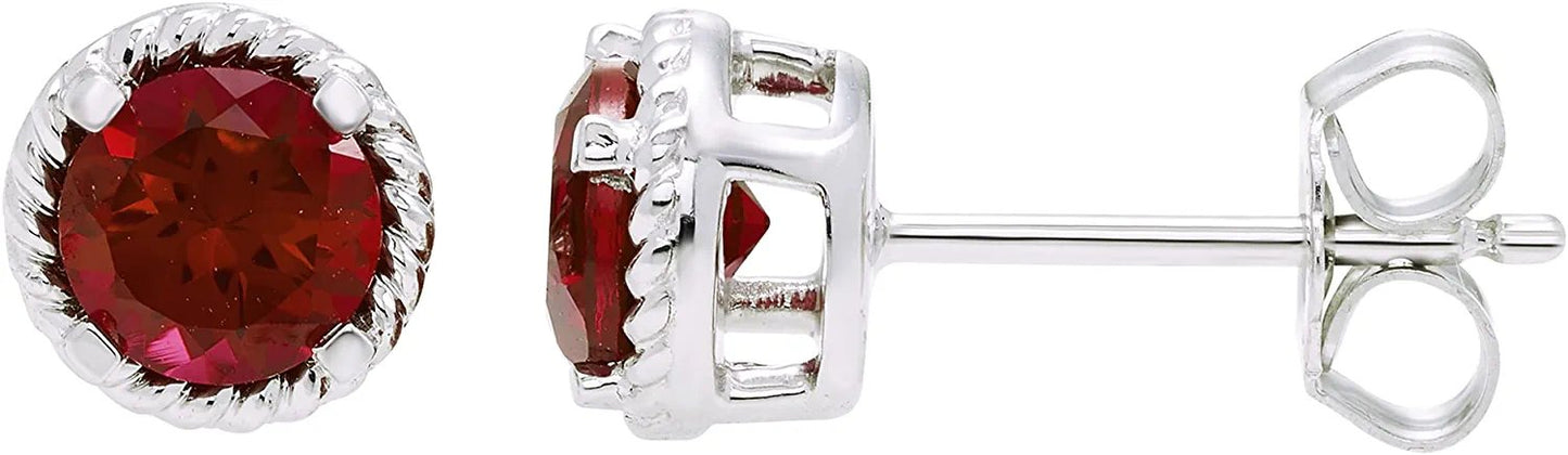 Sterling Silver Genuine Garnet Halo Rope Stud Earrings