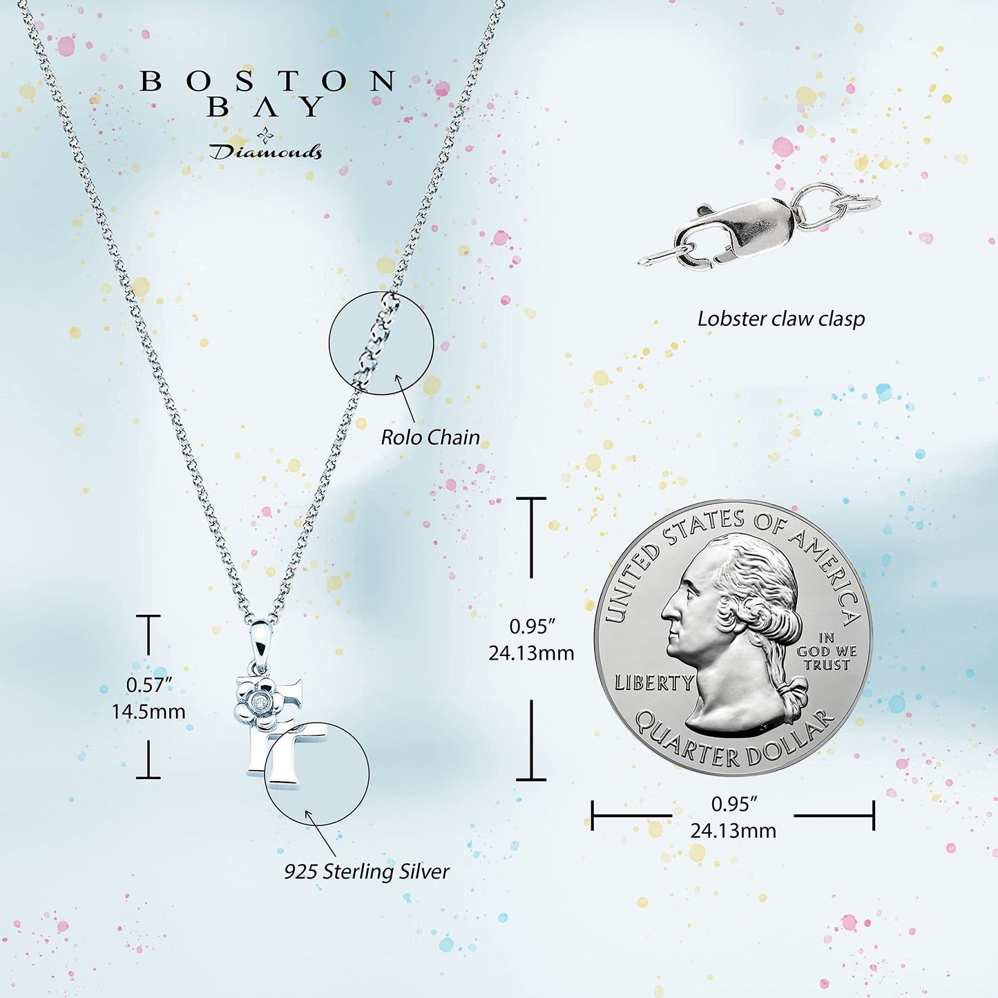 Sterling Silver Diamond Accent Floral Initial Pendant with 14" Rolo Chain & 2" Ext, Choice of Letter