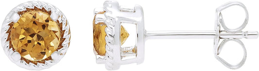 Sterling Silver Genuine Citrine Halo Rope Stud Earrings