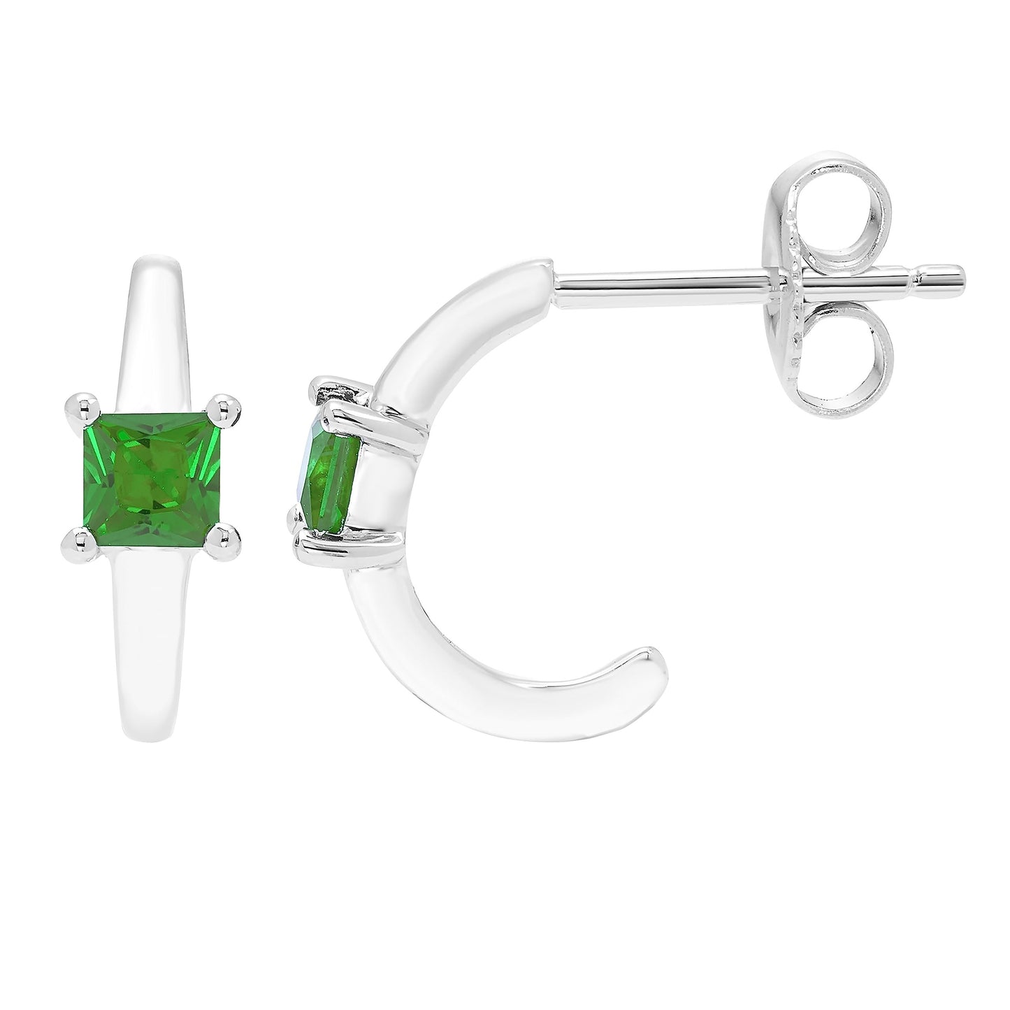 Lab-Grown Emerald Princess Cut Half Hoop May Birthstone Earrings in .925 Sterling Silver
