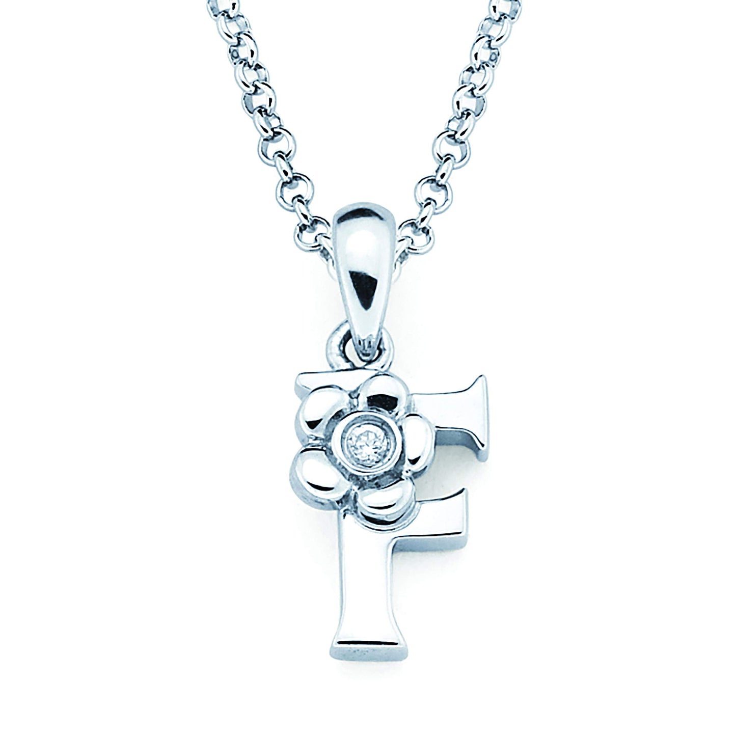 Sterling Silver Diamond Accent Floral Initial Pendant with 14" Rolo Chain & 2" Ext, Choice of Letter