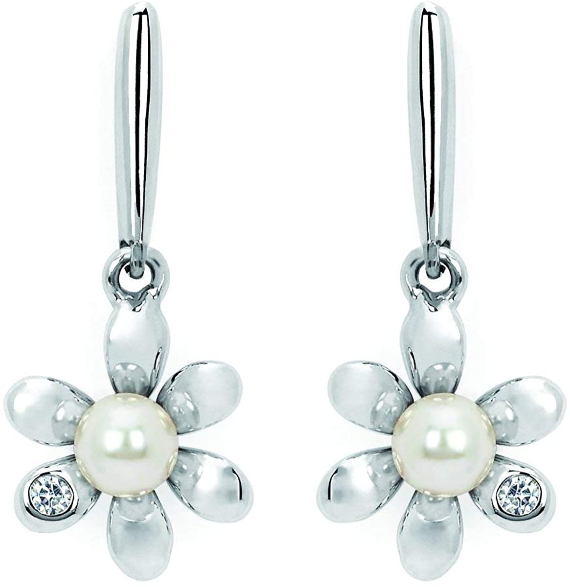 Genuine Diamond & Faux Pearl Children's Flower Drop Earrings in Sterling Silver