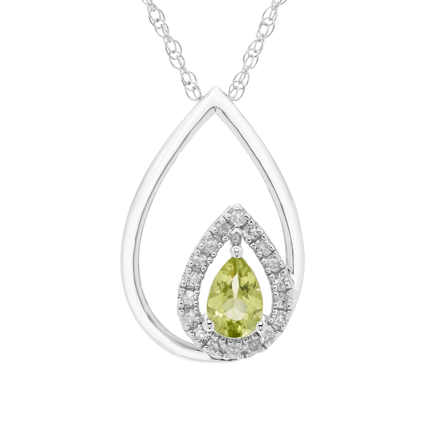 Peridot Pear Cut & 1/8cttw Diamond Double Teardrop Pendant Necklace in .925 Sterling Silver with 18" Rope Chain