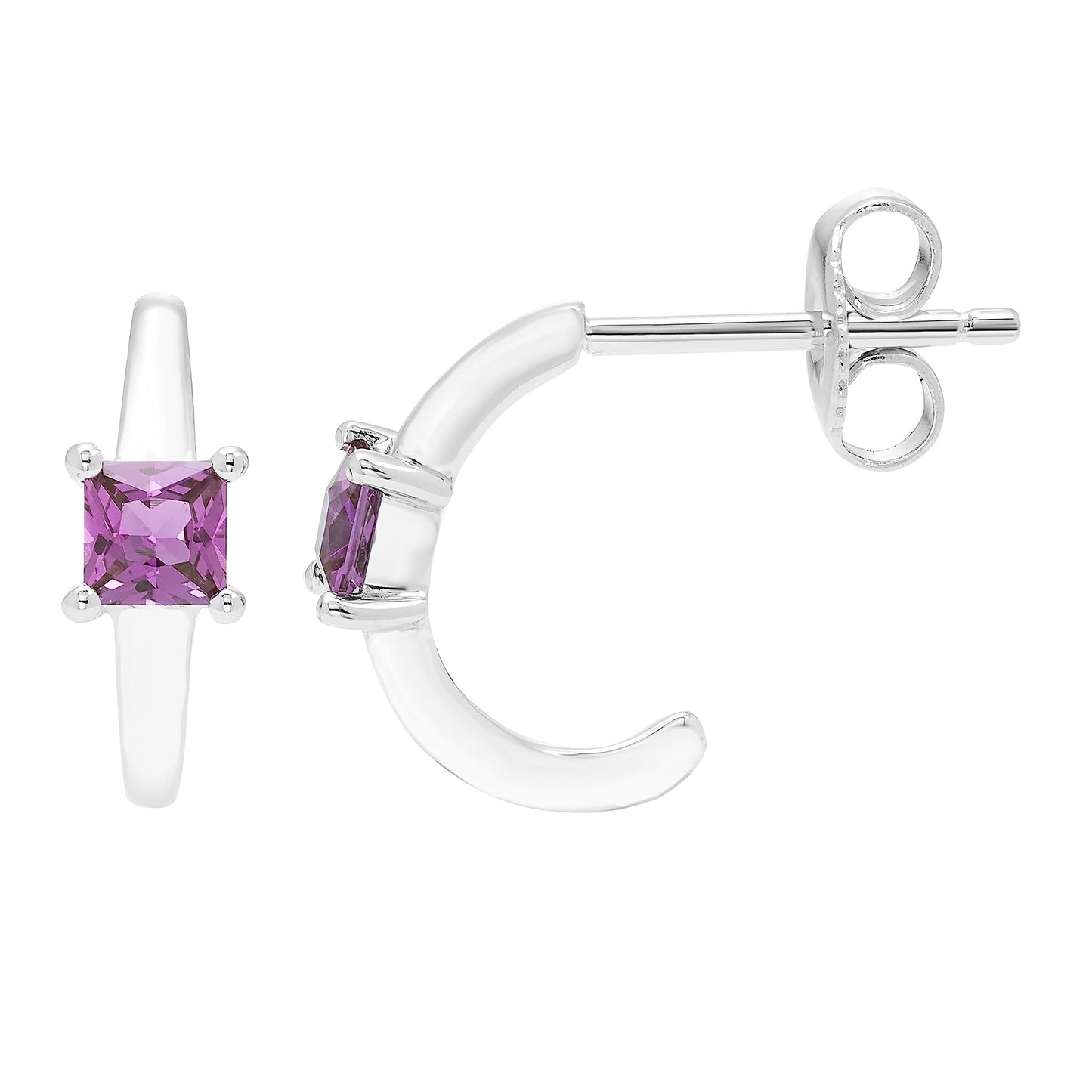 Pink Tourmaline Princess Cut Half Hoop October Birthstone Earrings in .925 Sterling Silver