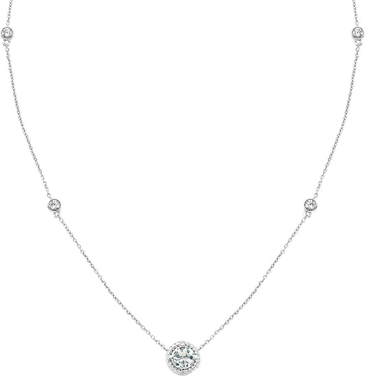 Sterling Silver Genuine Aquamarine & Lab-Grown White Sapphire Necklace, 20" cable chain