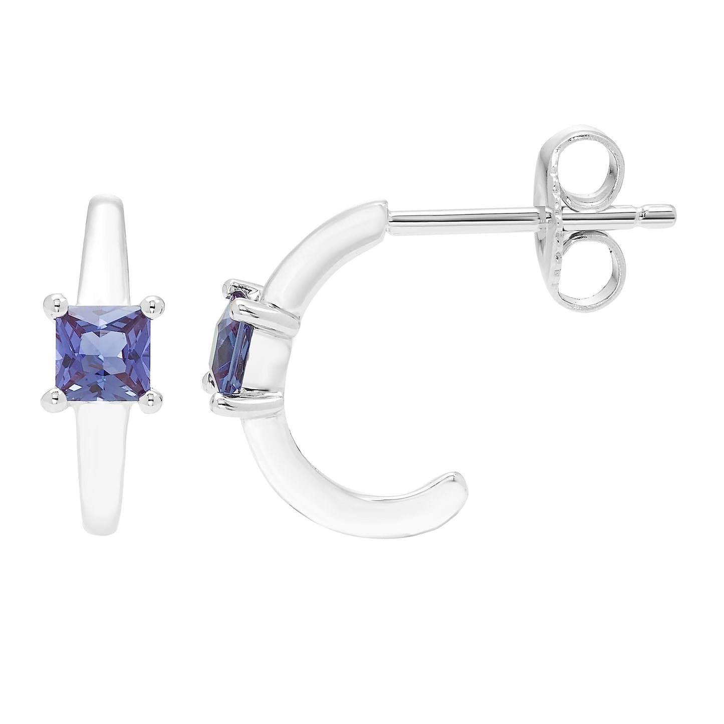 Lab-Grown Alexandrite Princess Cut Half Hoop June Birthstone Earrings in .925 Sterling Silver