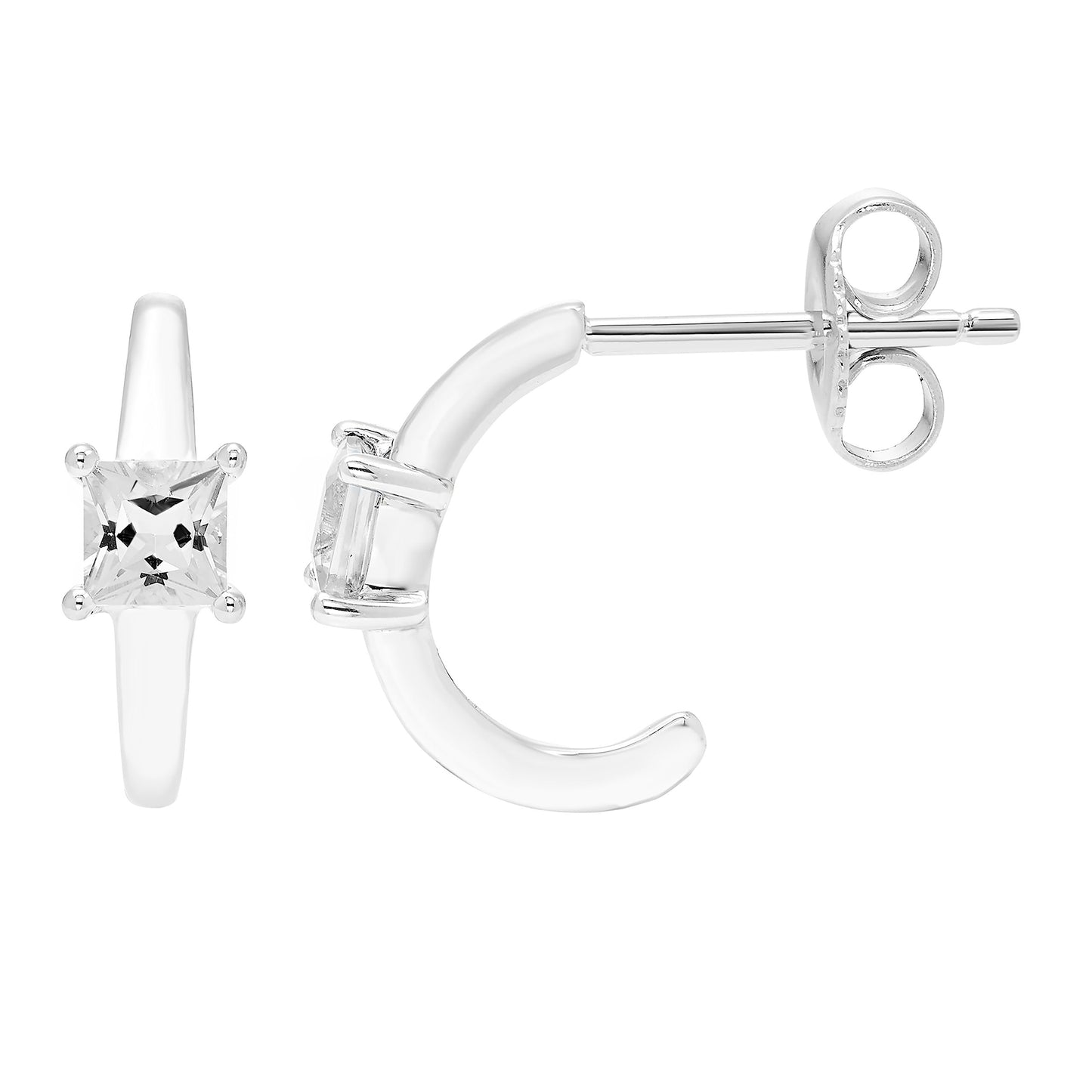 Lab-Grown White Sapphire Princess Cut Half Hoop April Birthstone Earrings in .925 Sterling Silver