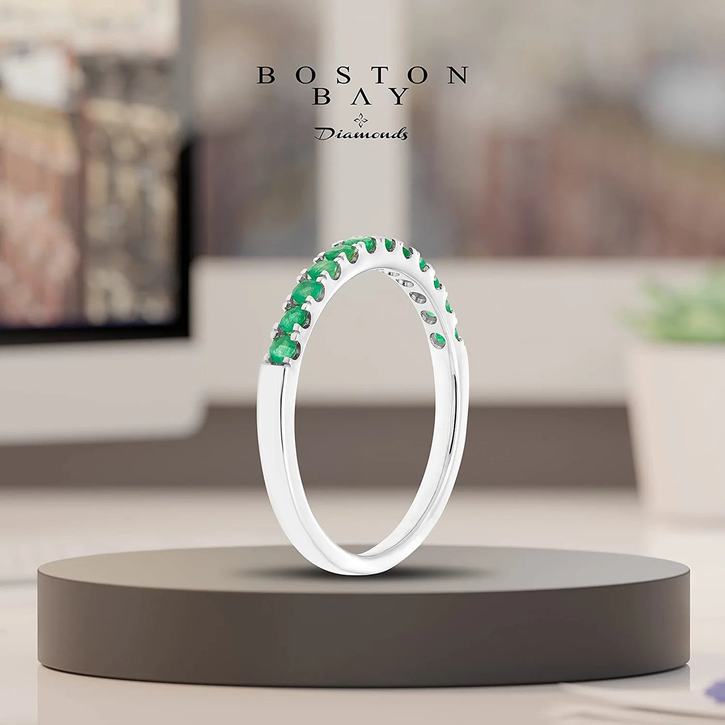 10K White Gold Genuine Emerald Birthstone Stacking Ring