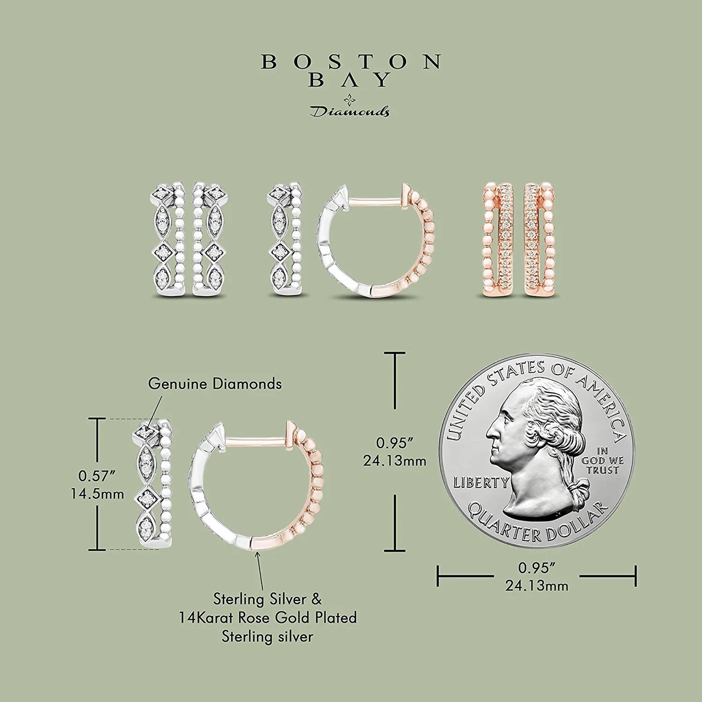1/5cttw Genuine Diamond Hoop Earrings in 14K Rose Gold Sterling Silver