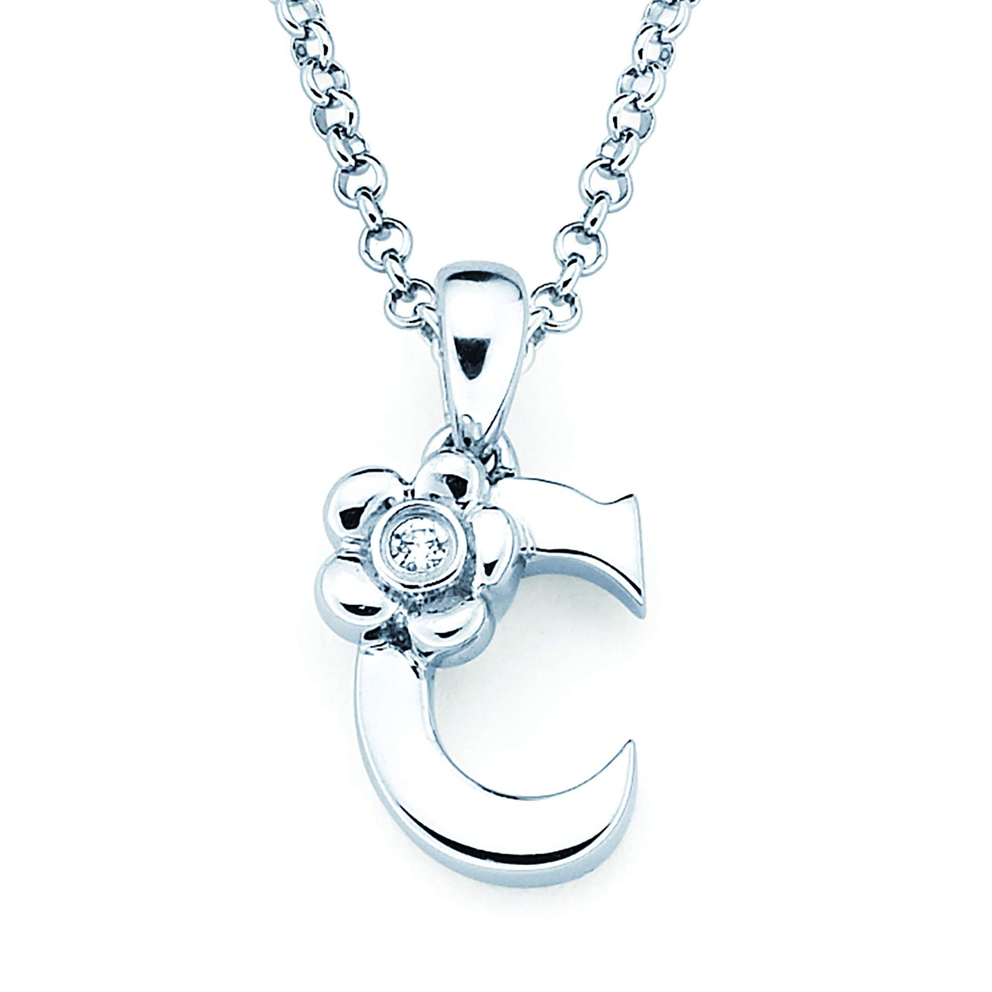 Sterling Silver Diamond Accent Floral Initial Pendant with 14" Rolo Chain & 2" Ext, Choice of Letter
