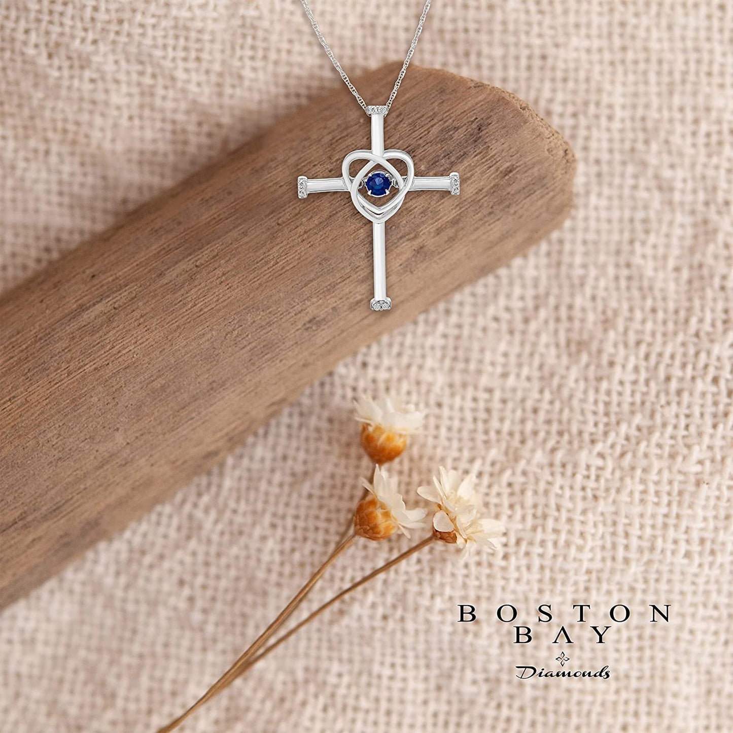 Lab-Grown Blue Sapphire Dancing Gemstone & Genuine Diamond Cross Pendant in Sterling Silver