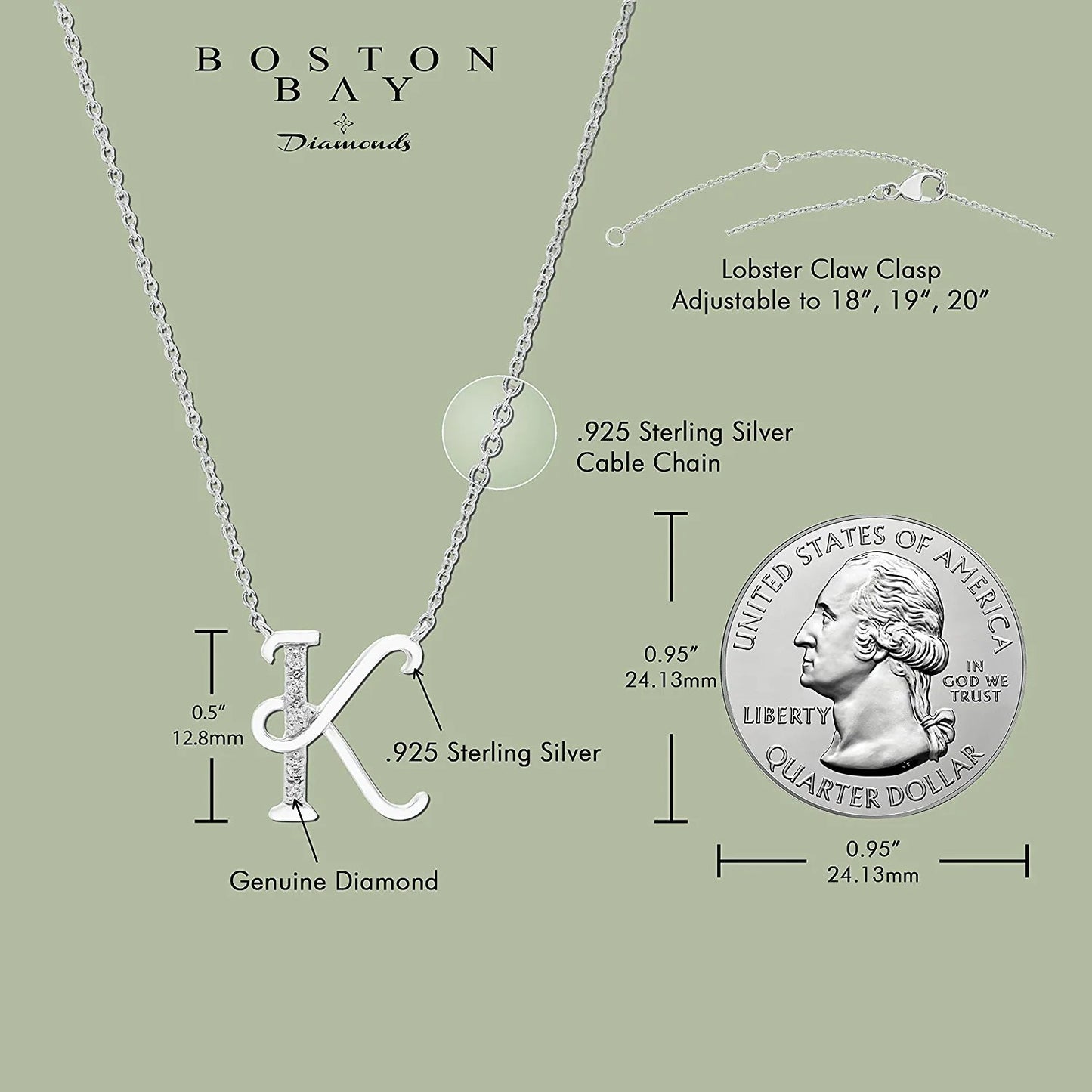Diamond Initial Necklace, Adjustable 18”-20” in Sterling Silver - Choice of Letter