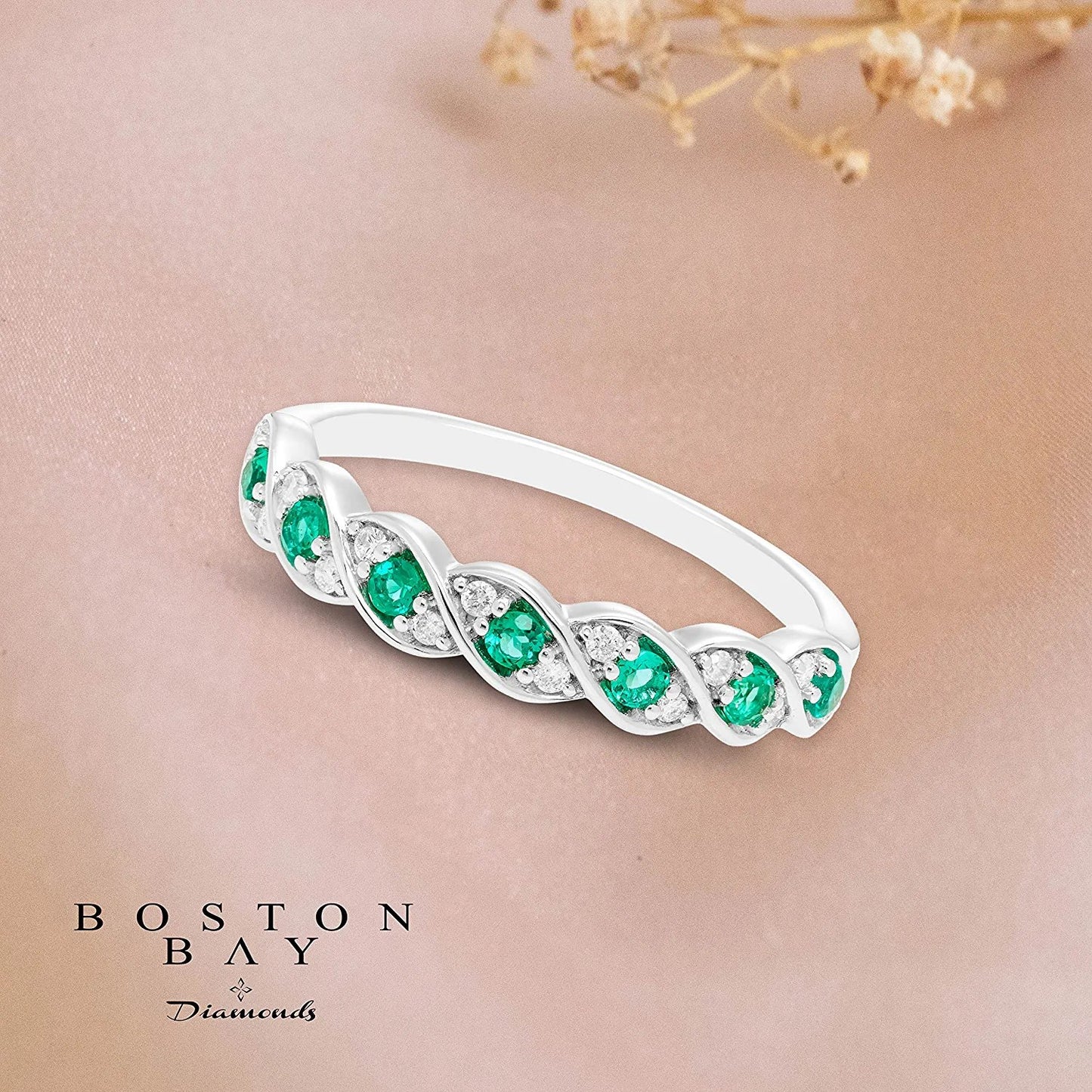 Sterling Silver Lab-Grown Emerald & 1/10cttw Genuine Diamond Stacking Ring