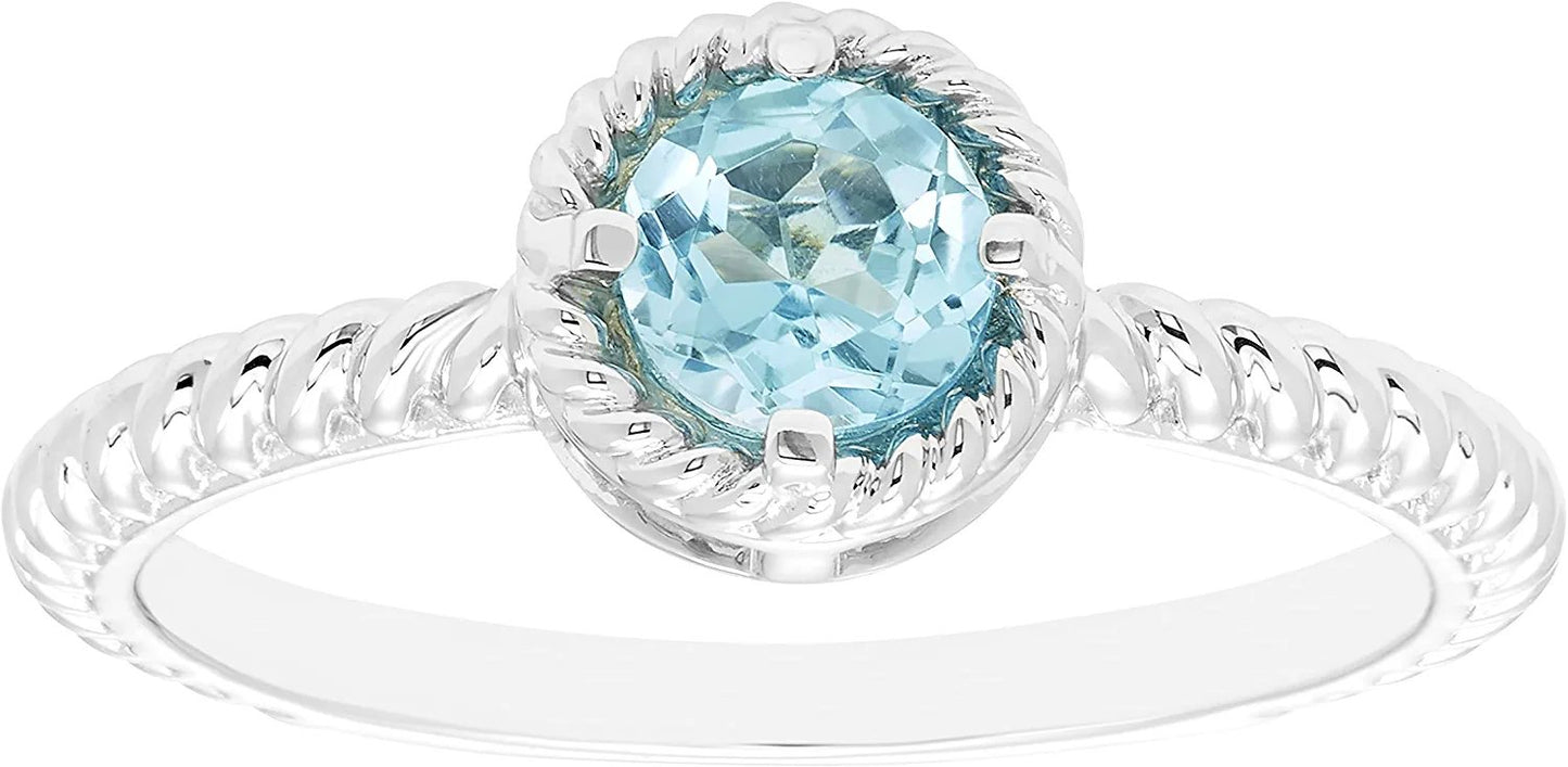 Genuine Blue Topaz Gemstone Rope Halo Stacking Ring in Sterling Silver