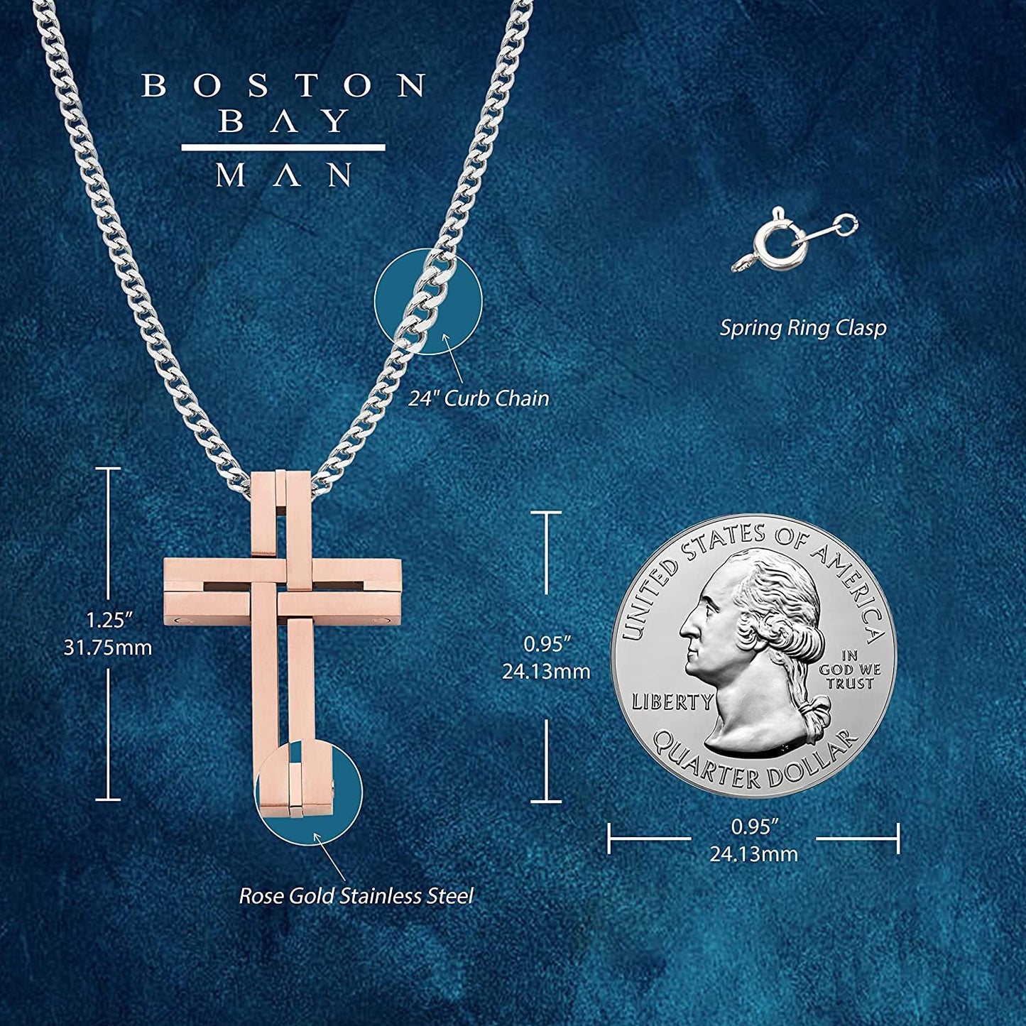 Woven Cross Pendant in IP Rose Stainless Steel with 24" Curb Chain