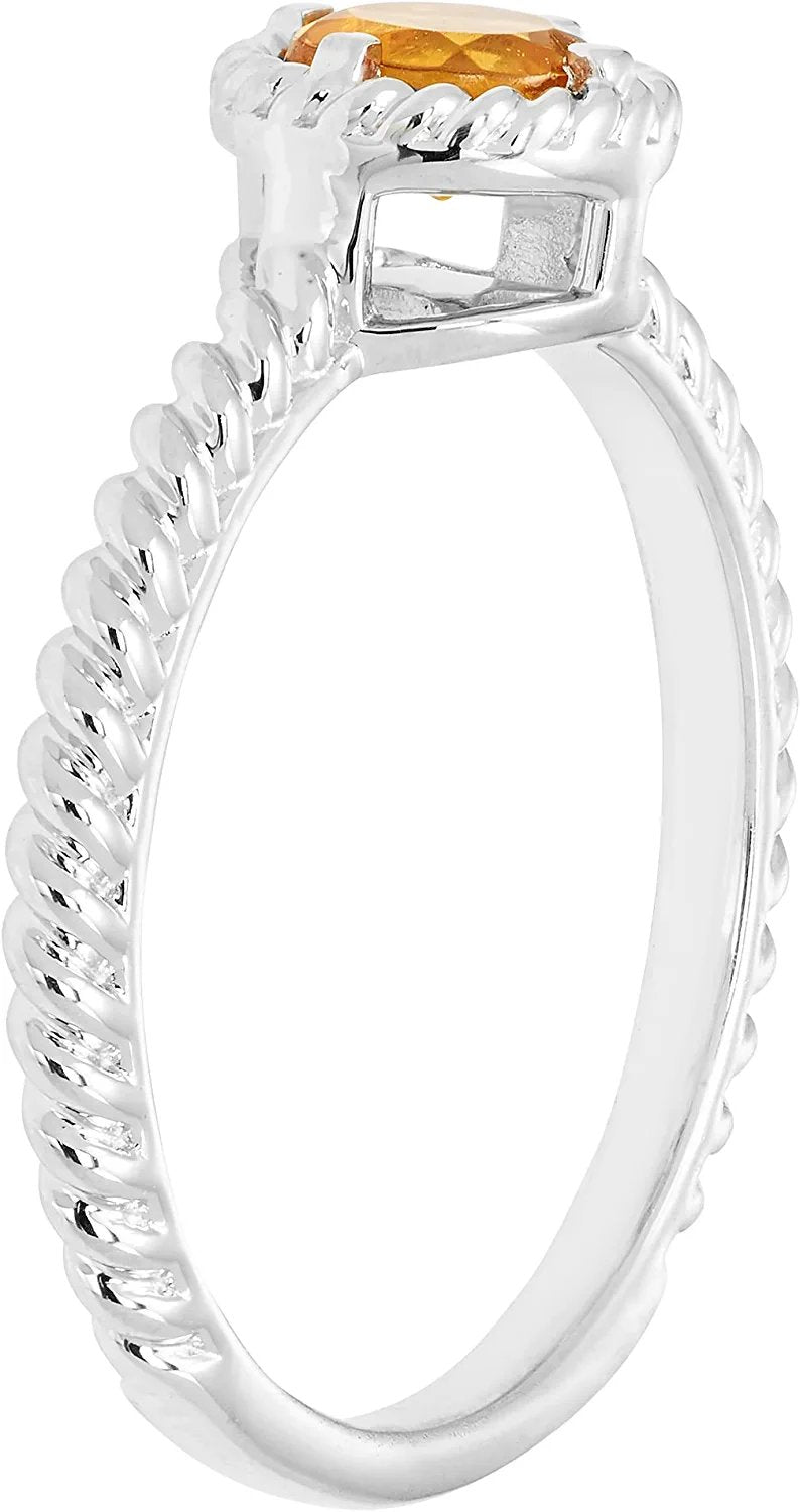 11 November - Solitaire Genuine Citrine Gemstone Rope Halo Solitaire Stacking Ring in Sterling Silver