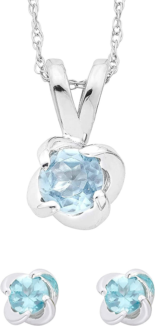 Sterling Silver Genuine Aquamarine 4-Prong Twist Solitaire Earrings & Pendant Set with Chain