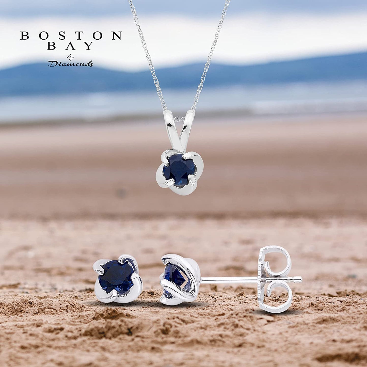 Sterling Silver Lab-Grown Blue Sapphire 4-Prong Twist Solitaire Earrings & Pendant Set with Chain