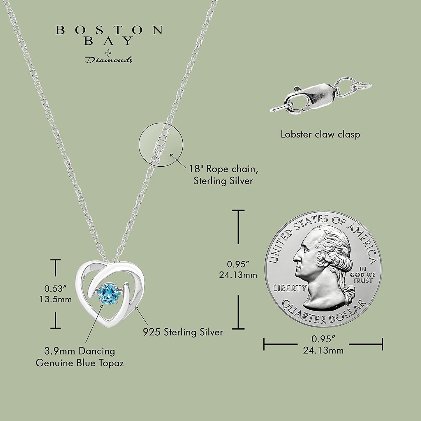 Genuine Blue Topaz Dancing Gemstone Heart Pendant in Sterling Silver