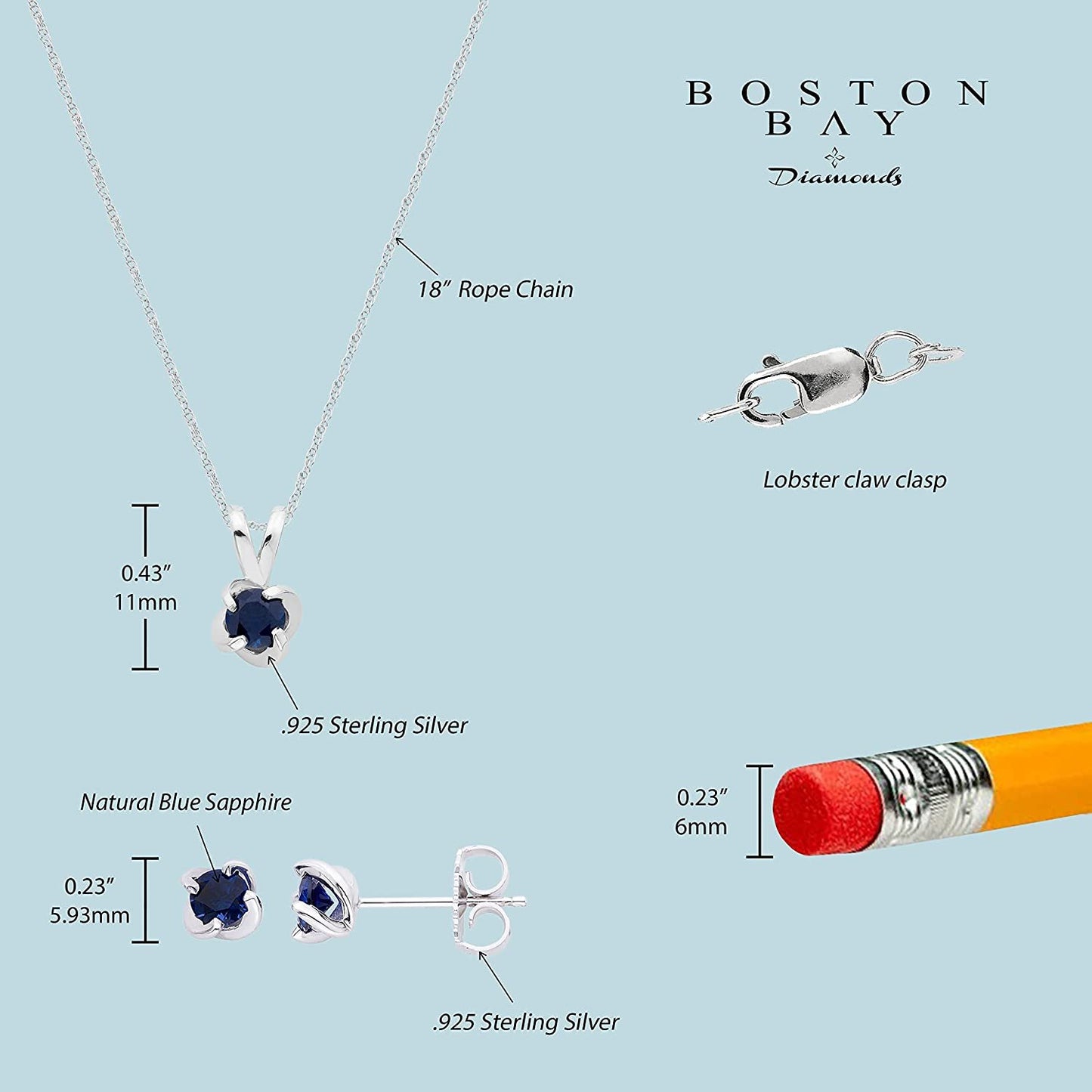 Sterling Silver Lab-Grown Blue Sapphire 4-Prong Twist Solitaire Earrings & Pendant Set with Chain