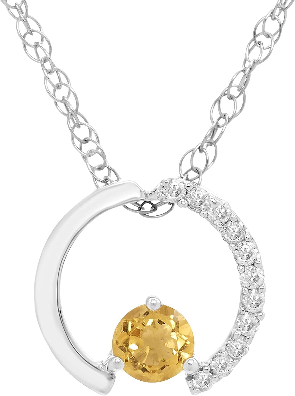 Sterling Silver Genuine Citrine & Diamond Circle Pendant with chain