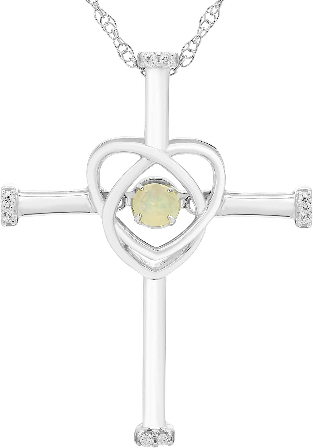 Genuine Opal Dancing Gemstone & Genuine Diamond Cross Pendant in Sterling Silver