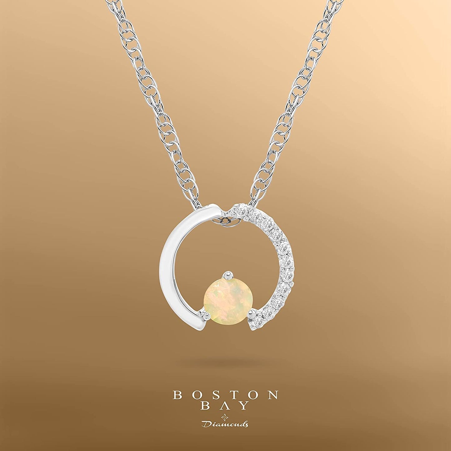 Sterling Silver Genuine Opal & Diamond Circle Pendant with chain