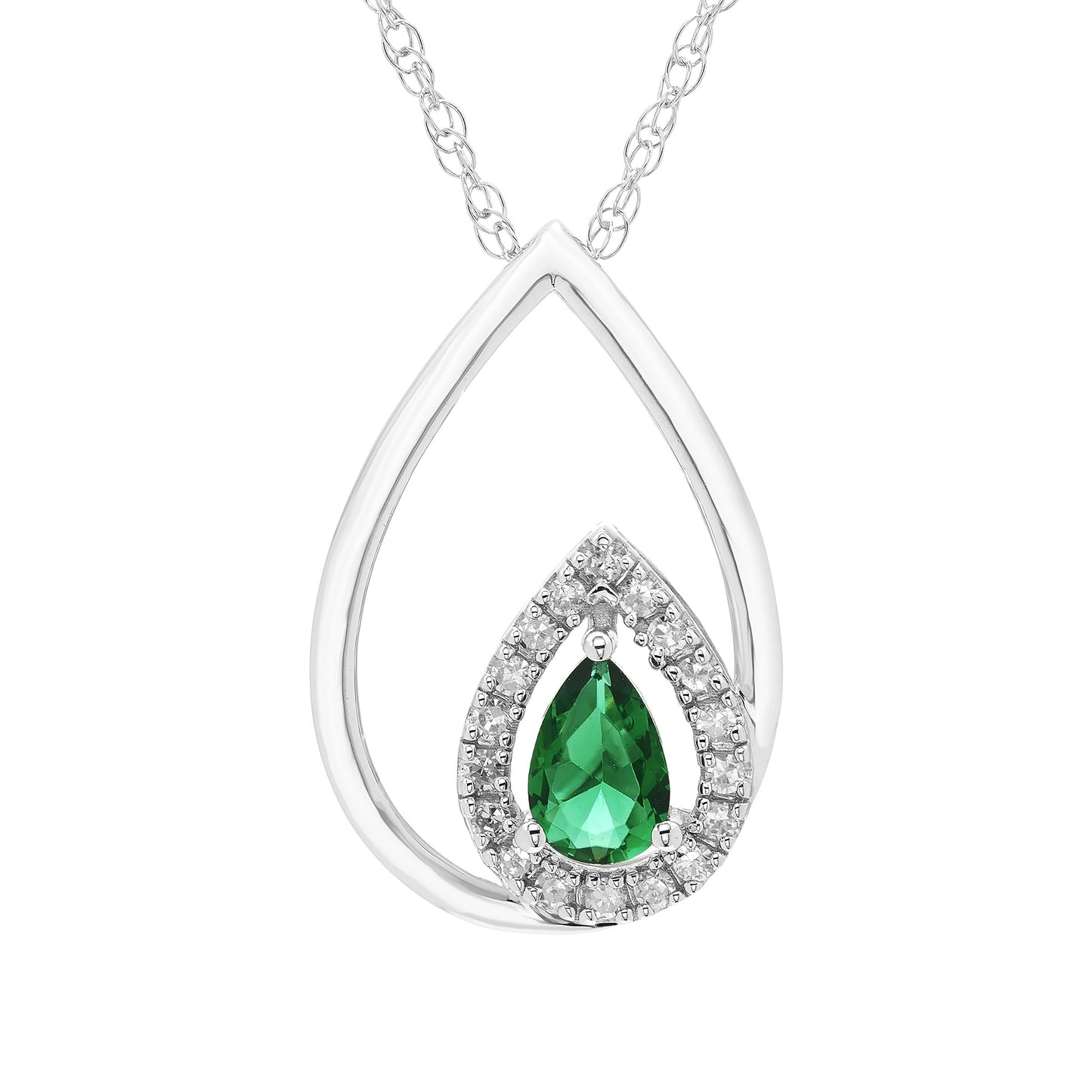 Lab-Grown Emerald Pear Cut & 1/8cttw Diamond Double Teardrop Pendant Necklace in .925 Sterling Silver with 18" Rope Chain