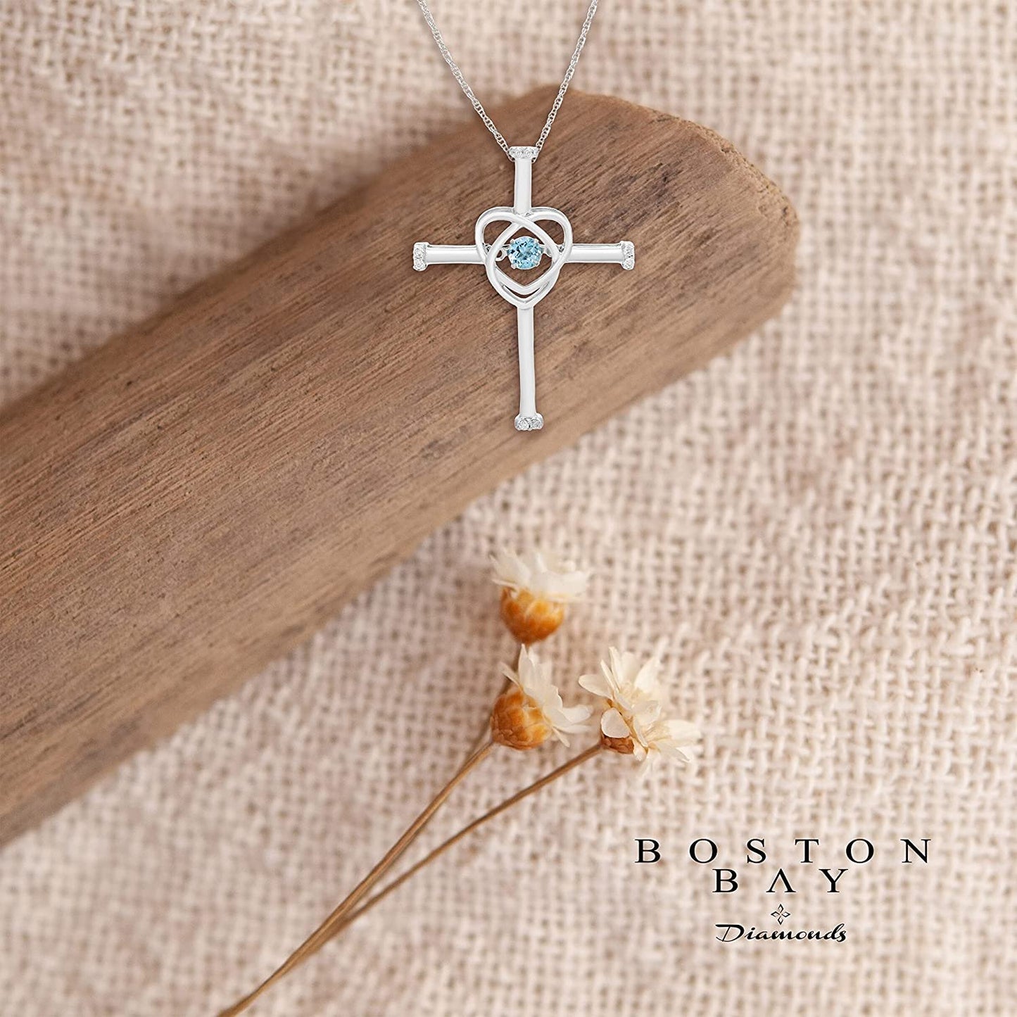 Genuine Blue Topaz Dancing Gemstone & Genuine Diamond Cross Pendant in Sterling Silver