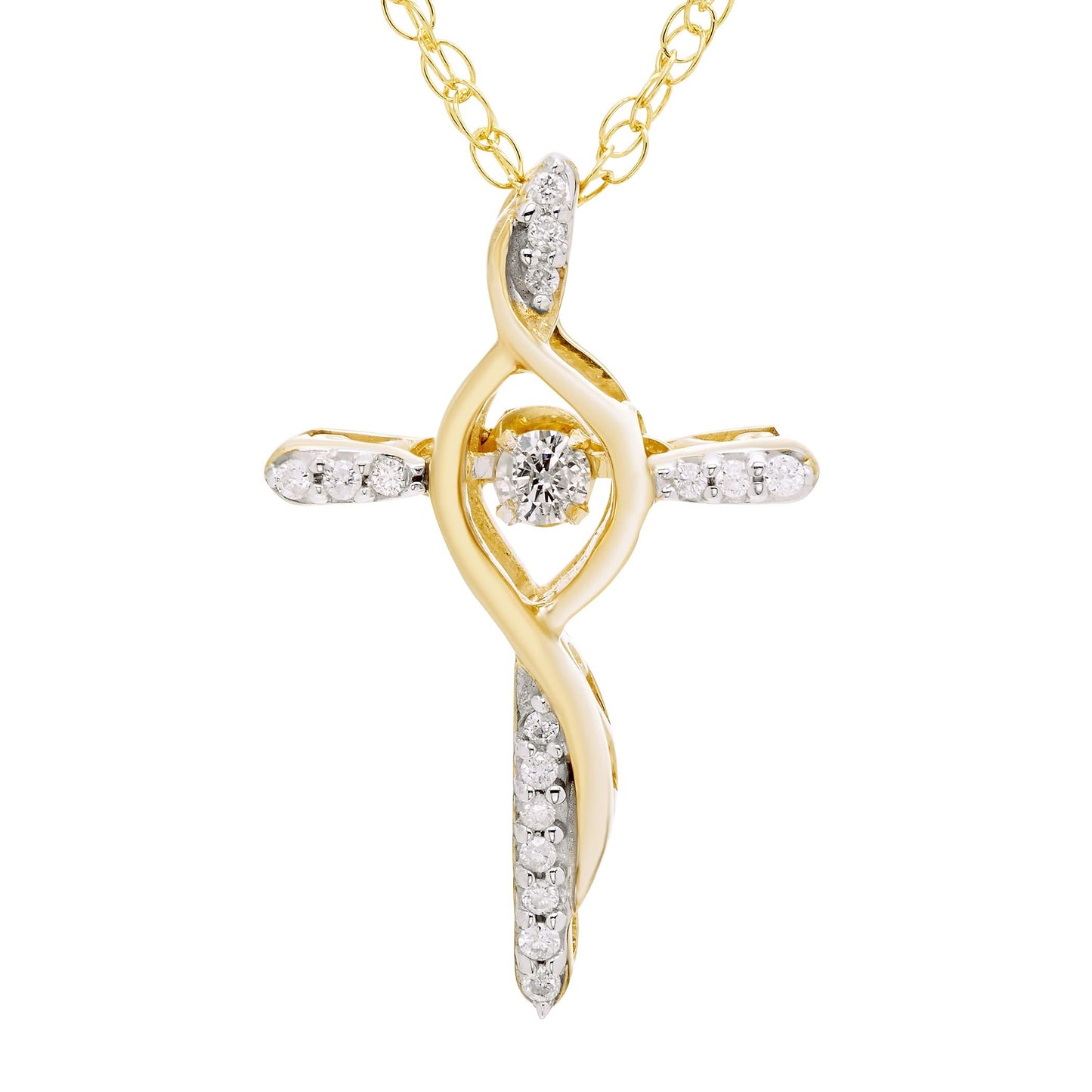 1/10cttw Dancing Genuine Diamond Cross Pendant in 14K Yellow Gold Sterling Silver