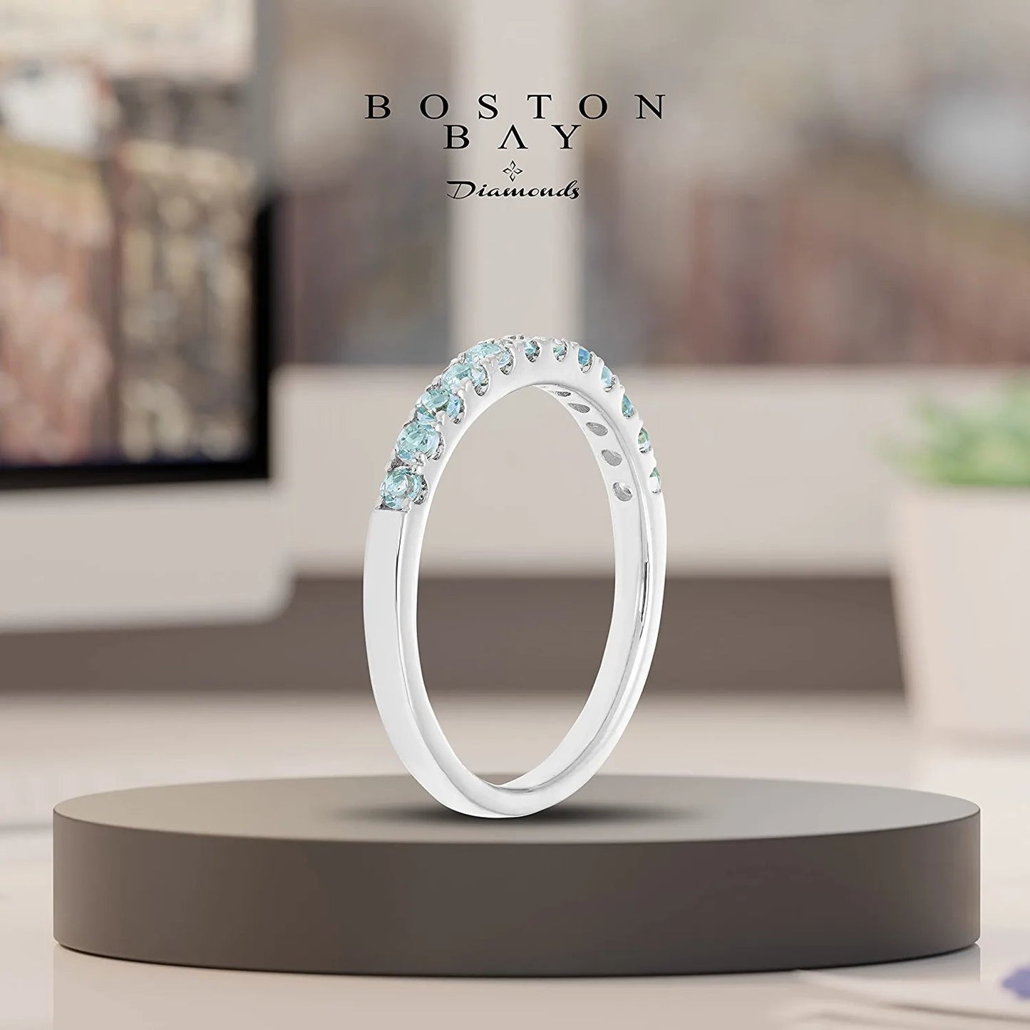 10K White Gold Genuine Blue Topaz Birthstone Stacking Ring