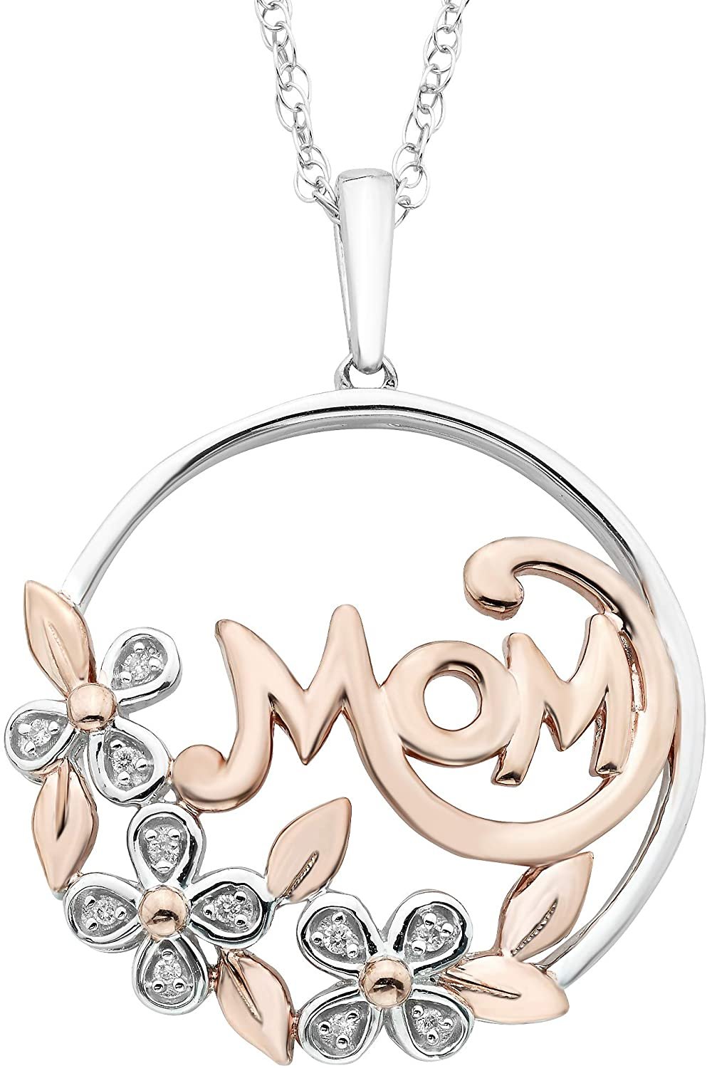 Diamond MOM Floral Pendant in 14K Rose Gold Sterling Silver