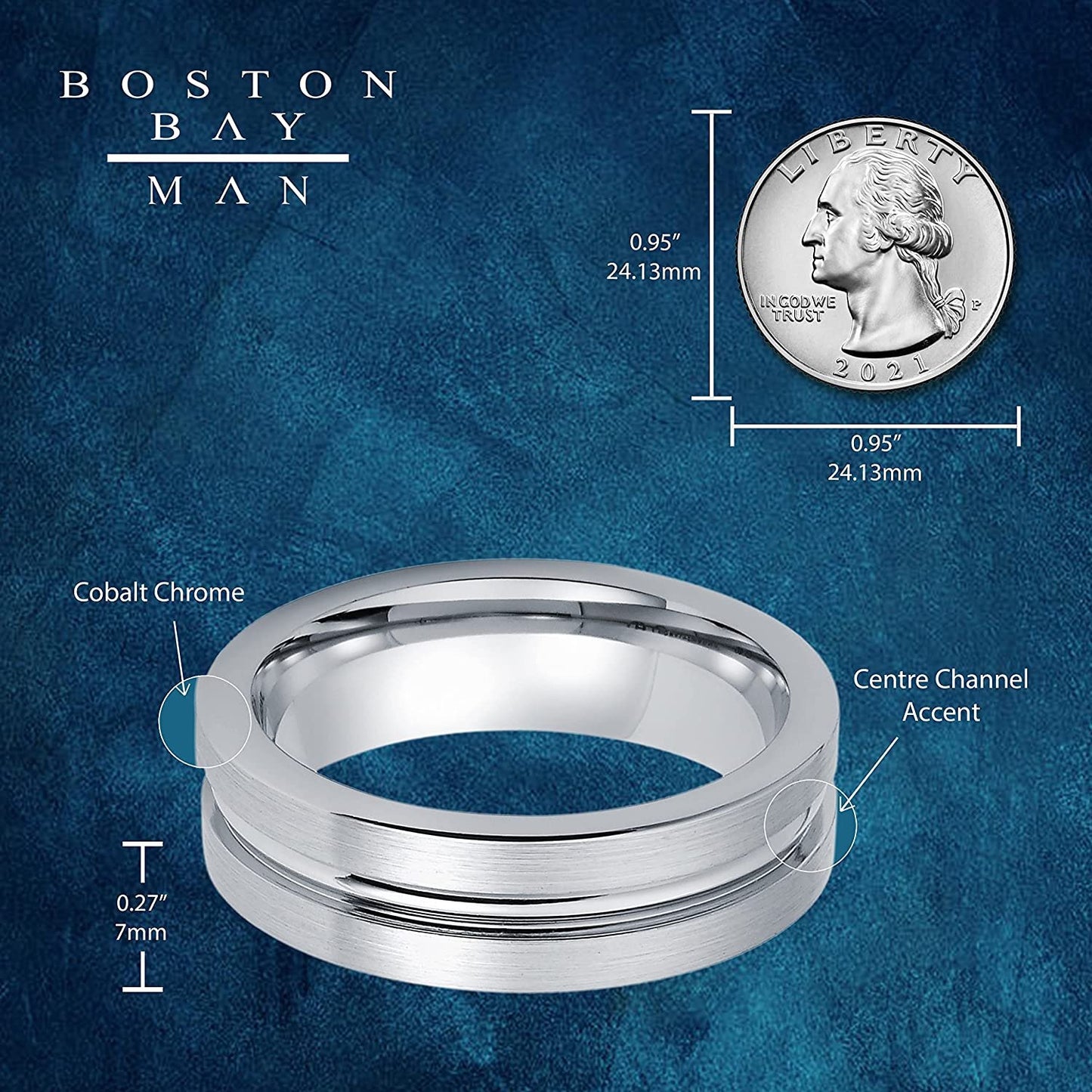Cobalt Chrome 7mm Brushed Matte & Drop Center Channel Accent Comfort Fit Fashion or Wedding Band Ring